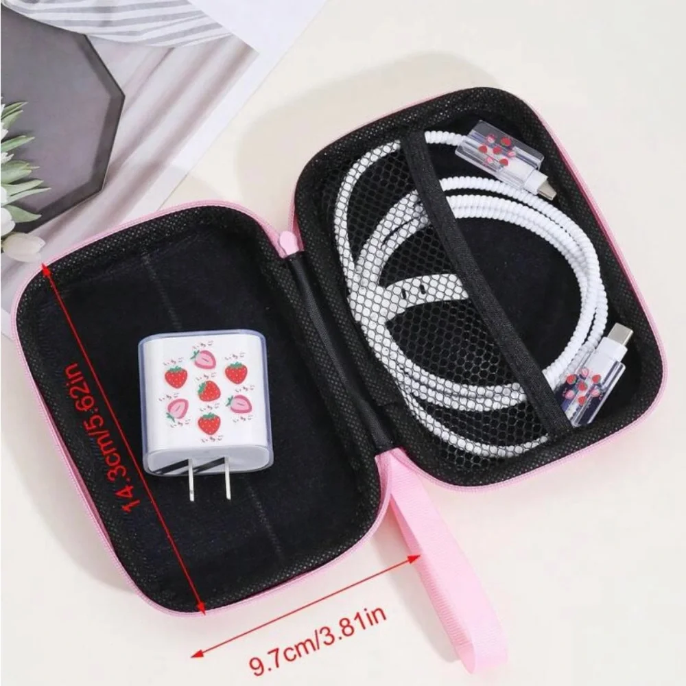 6pcs Strawberry Pattern TPU Data Cable Protector & Charger Head Cover & Storage